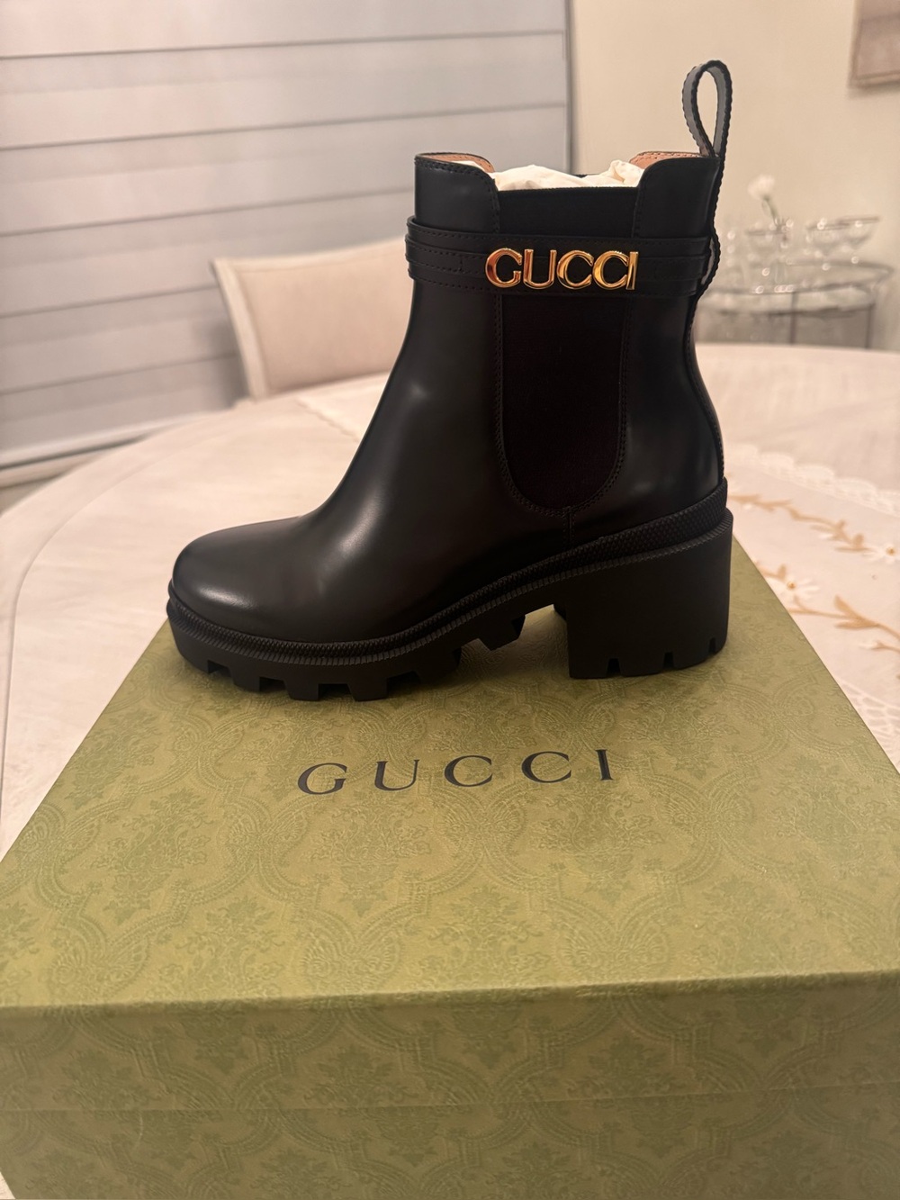 Gucci Black Leather Chelsea Boot with Gold GUCCI Accent